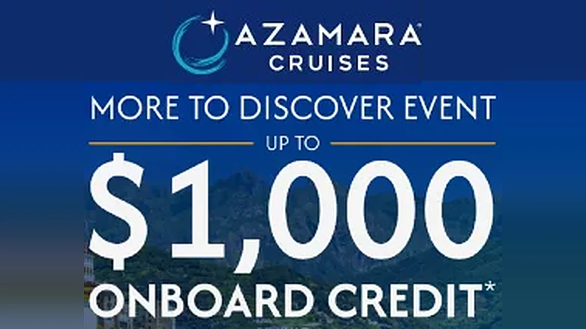 Azamara logo with white letters and blue background the blue background continues to the wording below which is more to discover event up $1000 on board credit